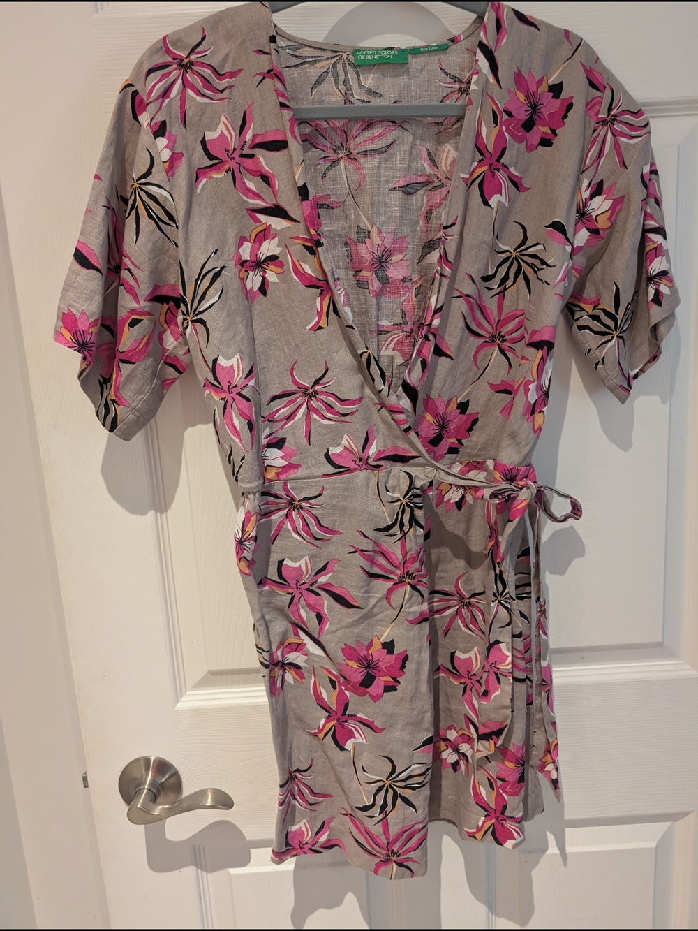 Benetton Linen Wrap Romper Dress Floral Tropical V-Neck